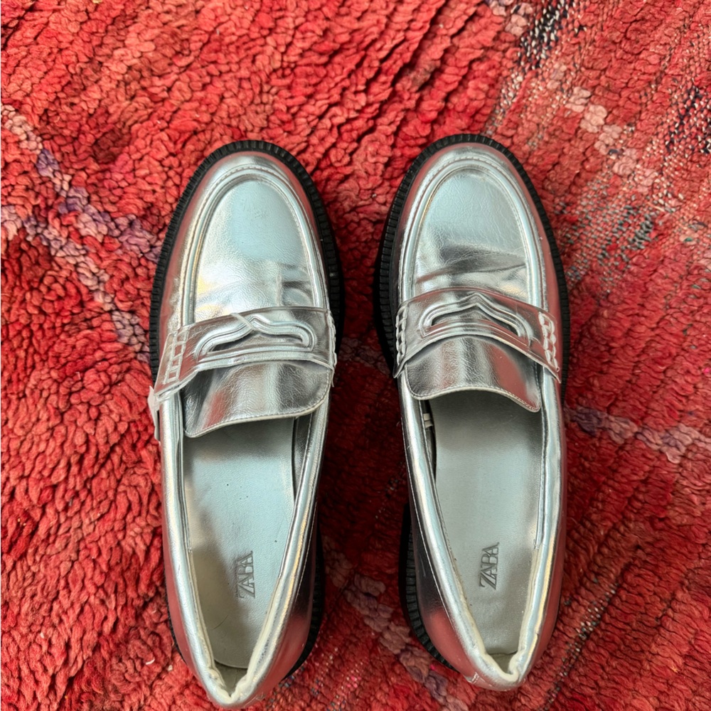 Zara Metallic Silver Loafers